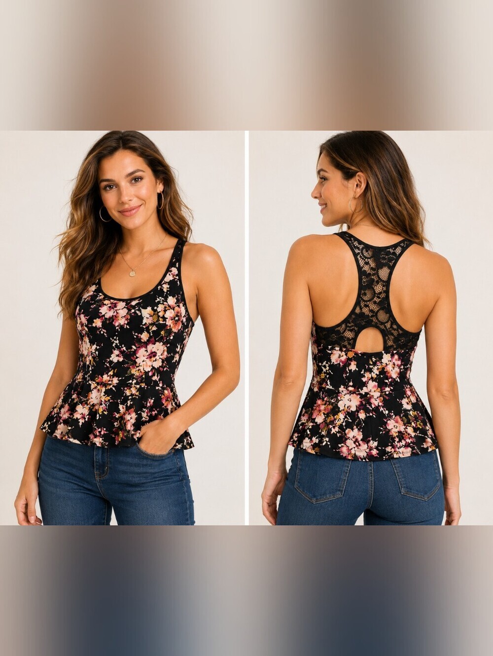 🌸 Material Girl Floral Lace Back Peplum Tank Top | Size Medium | Racerback